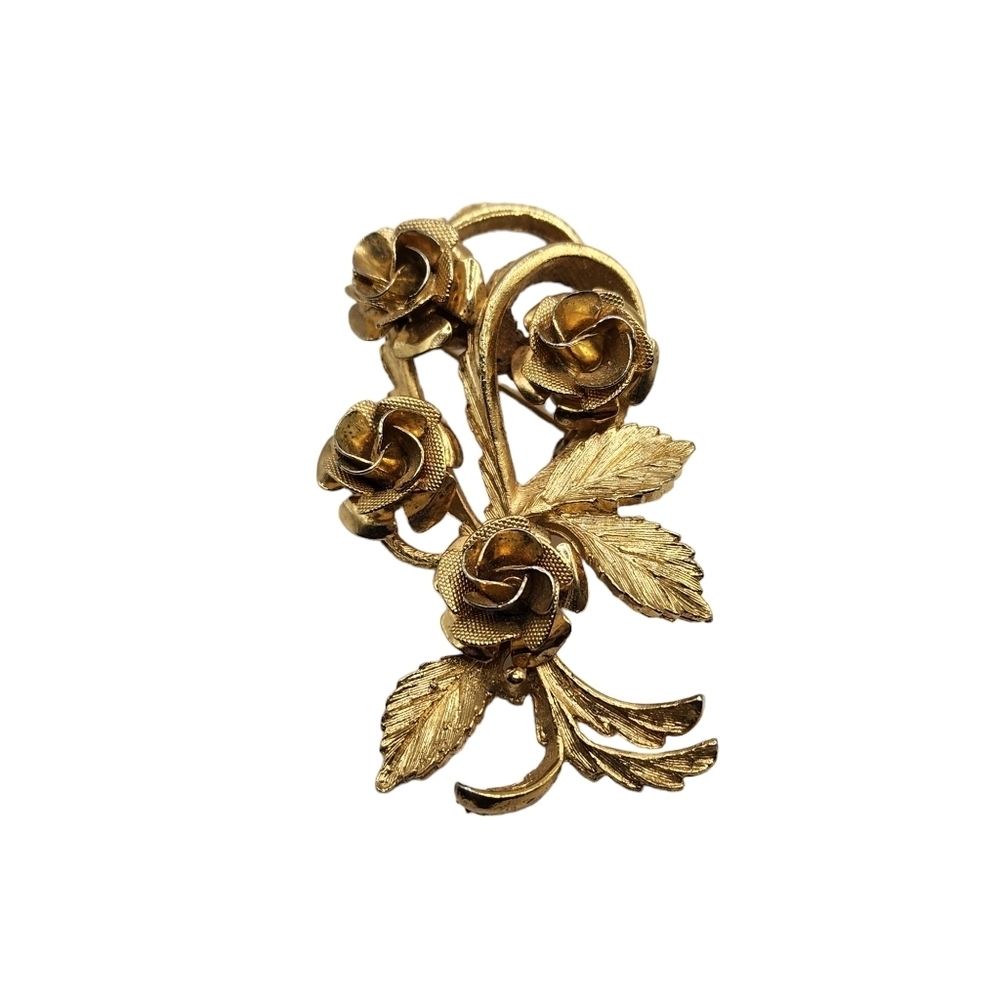 Vintage Coro Signed Roses Brooch Gold Tone